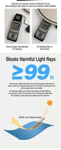 Detailed fabric chart showing UPF50+ protection and UV blocking rate over 99 percent