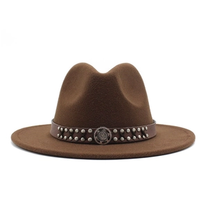 Classic dark brown fedora wool hat with studded leather band on a white background