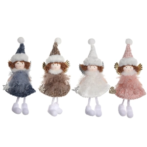 Set of 4 plush Christmas angel ornaments in blue, pink, and white for tree decoration