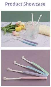 Close-up of small head pet toothbrushes with ergonomic non-slip handles in various colors