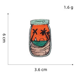 Jar-shaped embroidered patch with tropical sunset beach scene, size 6 cm x 3.6 cm