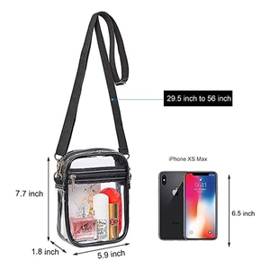 Transparent PVC crossbody bag size guide with zipper detail and adjustable strap