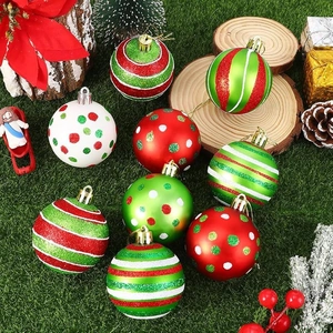 Christmas Ball Ornaments Plastic Red Green White Stripes Polka Dots Glitter Matte Festive Holiday Tree Decoration