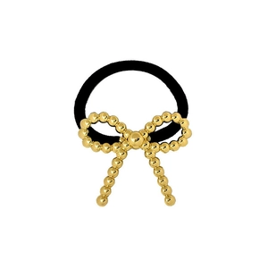 Detail of minimalist hair tie with polished gold metal beads in a bow design