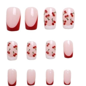 Sweet red French press-on nails set with cherry patterns and short square shape