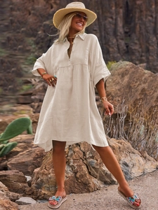 Women Cotton Linen Midi Shirt Dress Polo Collar Button Up Loose Fit Casual Summer Vacation Bohemian Vintage Style Dress