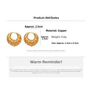 Detail view of gold plated woven hollow hoop earrings with dimensions and weight specs