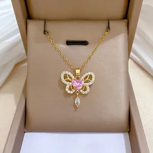 Butterfly Pendant Necklace With Pink Heart Gemstone Stainless Steel Gold Chain Hollow Rhinestone Tassel For Women