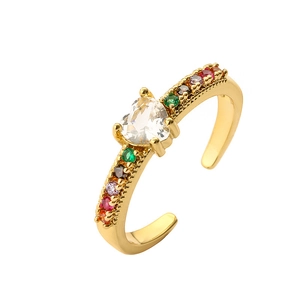 Gold plated heart ring with colorful micro-pave cubic zirconia and adjustable open band