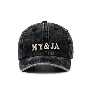 Washed dark grey baseball cap with NY&JA 3D embroidery and vintage short brim design