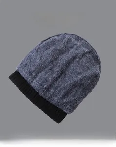 Detail of fleece lining texture on men's thermal winter knit beanie for cold protection