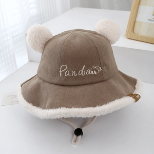 Detailed view of corduroy baby panda hat with plush ears and adjustable drawstring
