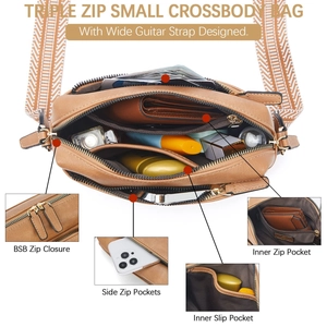 Detail of small leather crossbody bag with three zippers and colorful guitar shoulder strap