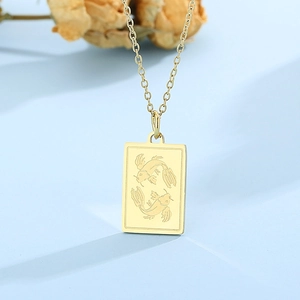 Minimalist 18k gold plated square pendant necklace featuring engraved Pisces motif