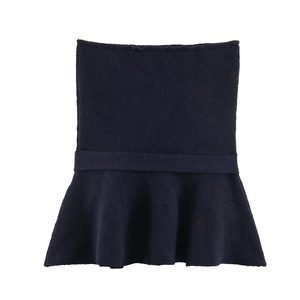 Navy blue knitted tube top with ruffled hem and horizontal ribbed texture