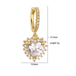 Detail view of heart-shaped zircon earrings with gold plating and dimension markings