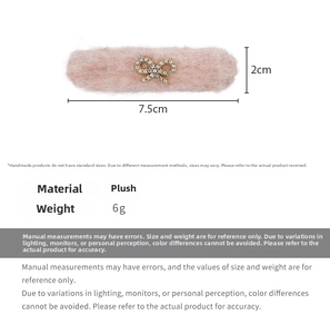Detailed view of pink plush hair clip with rhinestone bow showing 7.5cm x 2cm dimensions