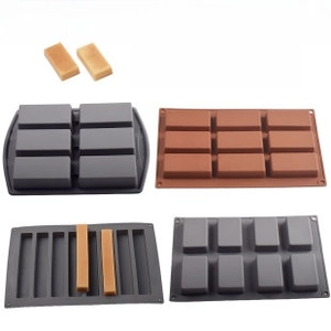 Detail view of multi-compartment rectangular silicone molds for baking and DIY soaps