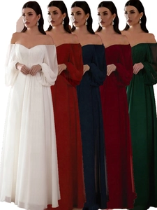 Abito da sera in chiffon con spalle scoperte in bianco, rosso, blu, bordeaux e verde