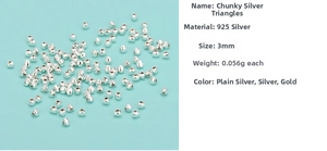 Macro detail of 3mm 925 sterling silver triangle beads with technical specifications