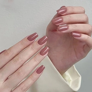 Solid Color Press On Nails Glossy Square Fake Nails ABS Resin Removable Manicure For Women Elegant Simple Dusty Rose