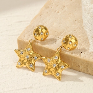 Minimalist 14k gold plated star earrings with textured hammer finish and crystals