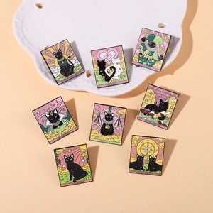 Set of 8 black cat tarot enamel pins featuring Priestess and Lovers in pastel colors