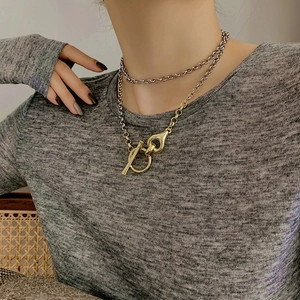 Two-tone silver and gold double layer OT buckle necklace for women in punk style