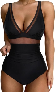 Detail of black one-piece swimsuit with V-neck mesh panels and pleated waist design