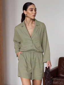 Olive green linen two-piece set featuring a notched collar shirt and drawstring waist shorts