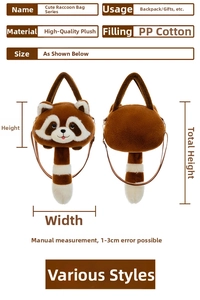 Detailed size measurement of plush raccoon bag with soft fabric and PP cotton padding