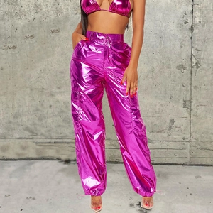 Glossy magenta metallic cargo pants for women with high waist and reflective finish
