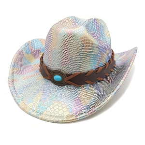 Detail of colorful snakeskin cowboy hat featuring a turquoise gemstone and braided band