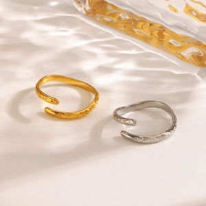 Hammered Texture Stainless Steel Ring Women Irregular Organic Line Adjustable Open Band Minimalist Hip-Hop Jewelry