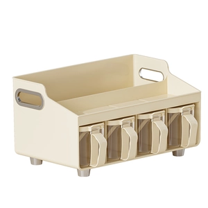 2-tier cream kitchen spice rack with 4 clear jars and gold anti-slip metal feet