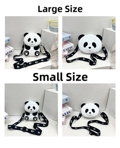 Detail showing two sizes of cute panda silicone crossbody bags with adjustable straps