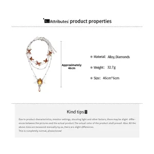 Detailed view of layered butterfly necklace with yellow rhinestones and size specifications