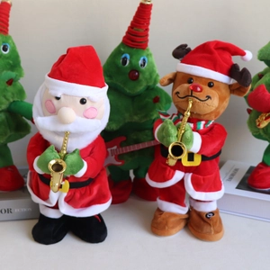 Close-up of plush Santa and reindeer electric toys playing golden saxophones