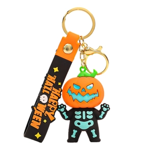 Luminous Halloween pumpkin ghost keychain with Happy Halloween strap and gold metal clip