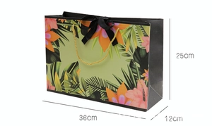 Floral gift bag dimensions detail 36x25x12cm with gold rope handles and black bow