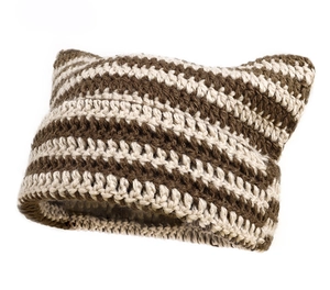 Close-up of brown and white striped knit beanie with playful cat ear details