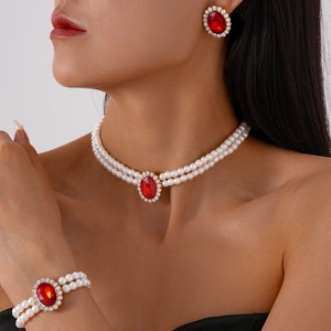 Elegant Women Jewelry Necklace Bracelet Stud Earrings Double Layer Imitation Artificial Pearl Oval Rhinestone Inlaid Vintage Luxury
