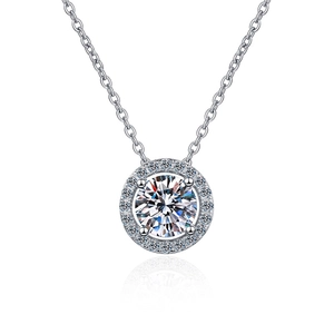 Classic 925 sterling silver moissanite halo necklace with a brilliant round cut pendant
