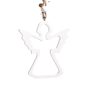 White wooden angel ornament with jute rope and beads on a clean white background