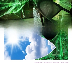 Luminous green Halloween spider web set showing solar absorption and glowing effect