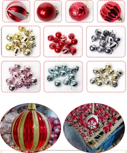 Detailed view of assorted Christmas ornaments with glitter, matte, and painted finishes
