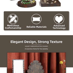 Detail of dark walnut wood jewelry trays and necklace display boards with natural texture