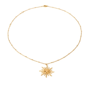 Close-up of a 18k gold plated sun pendant necklace with a fine bead chain design