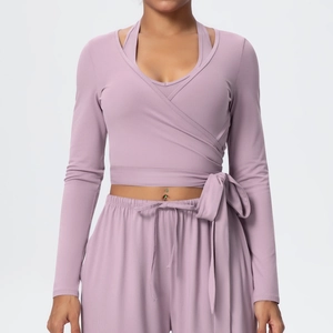 Women's dusty mauve yoga set with wrap long sleeve tie top and wide leg pants
