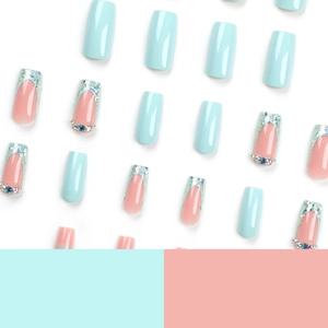 French style press-on nails with mint green gloss and pink blue glitter rhinestone design